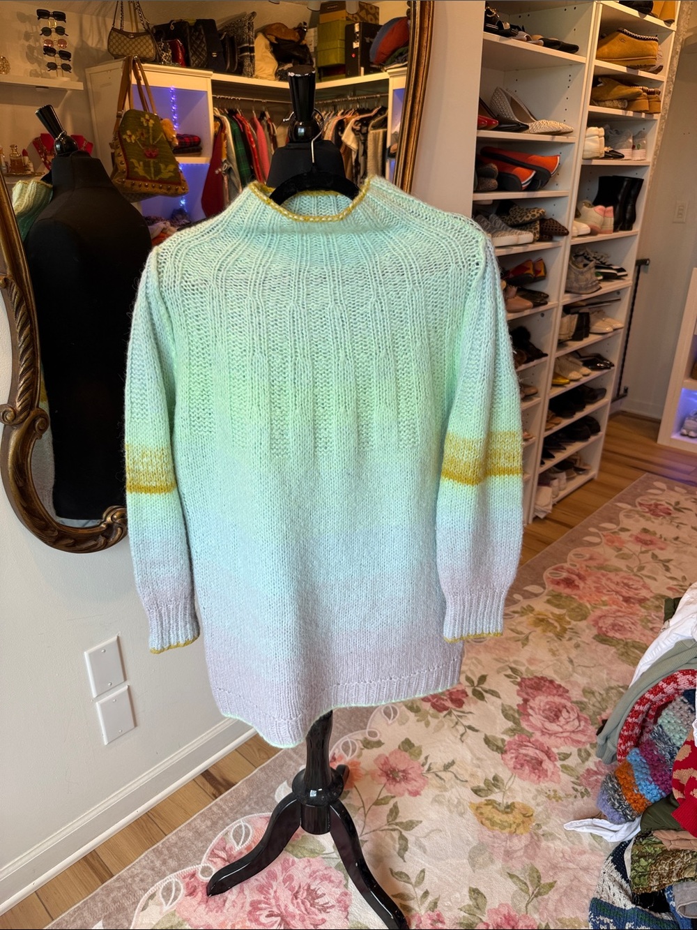 Anthropologie Mint Green Knit Sweater with Yellow Detail